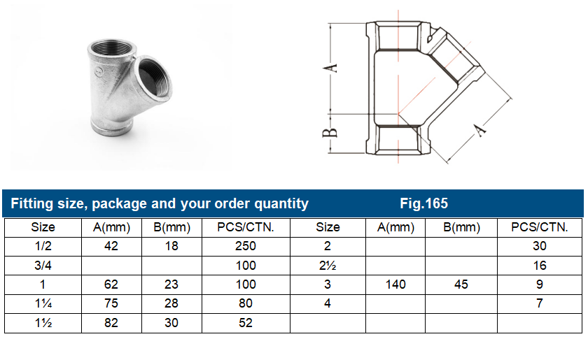 Pipe Connector Lateral Y Branch Tee 45 Degree Fig.165