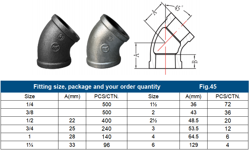 Iron Pipe Fittings 45 Degree Elbow Fig.120 Dimensions