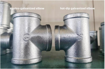 The figure below illustrates a display of hot-dip galvanized pipe fittings and electro-galvanized pipe fittings produced by Hebei Jianzhi Casting Group.