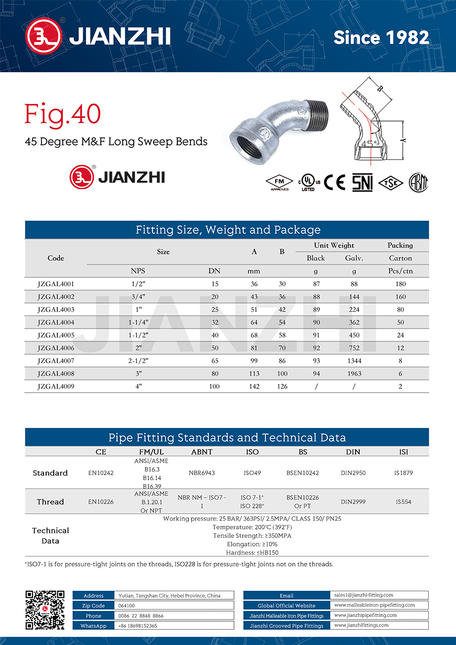 Elbow Pipe Bend 45 Degree Male and Female Fig.40