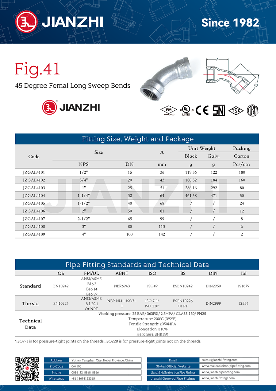 Female GI Pipe Fittings 45 Degree Fig. 41