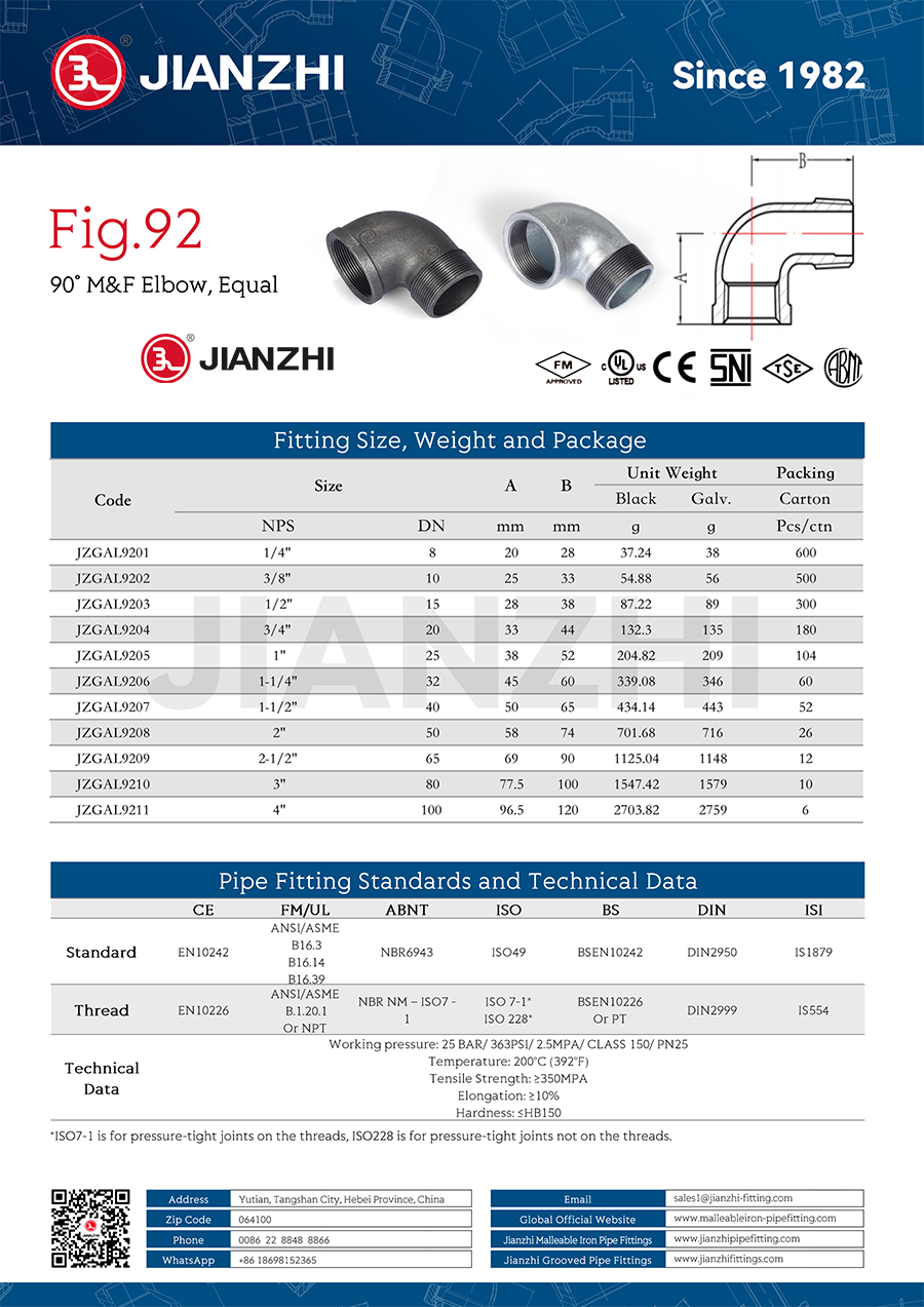 Cast Iron Fittings 90 Degree Elbow Fig.92