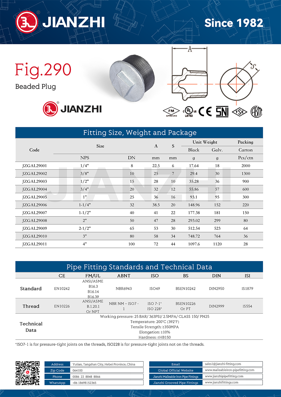 Cast Iron Pipe Fittings Galvanized Plug Beaded Fig.290