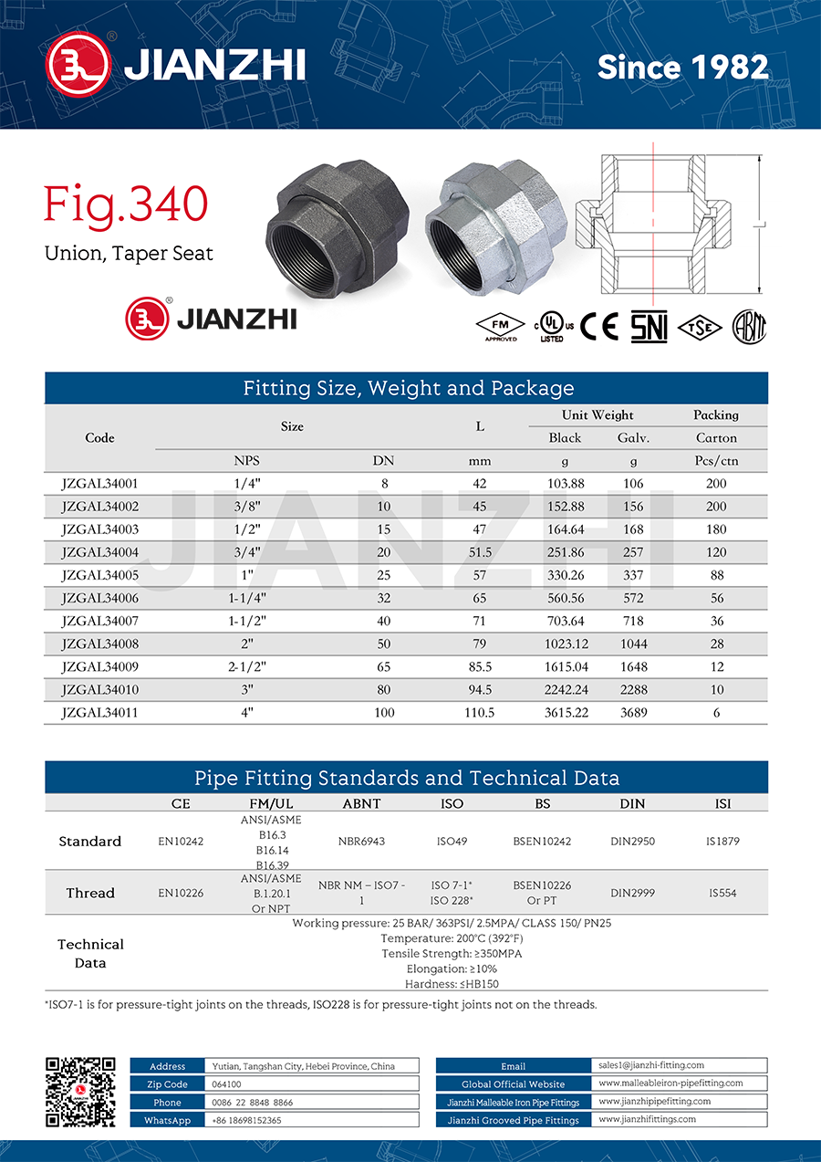 BSP Pipe Fittings Union Taper Seat Fig.340