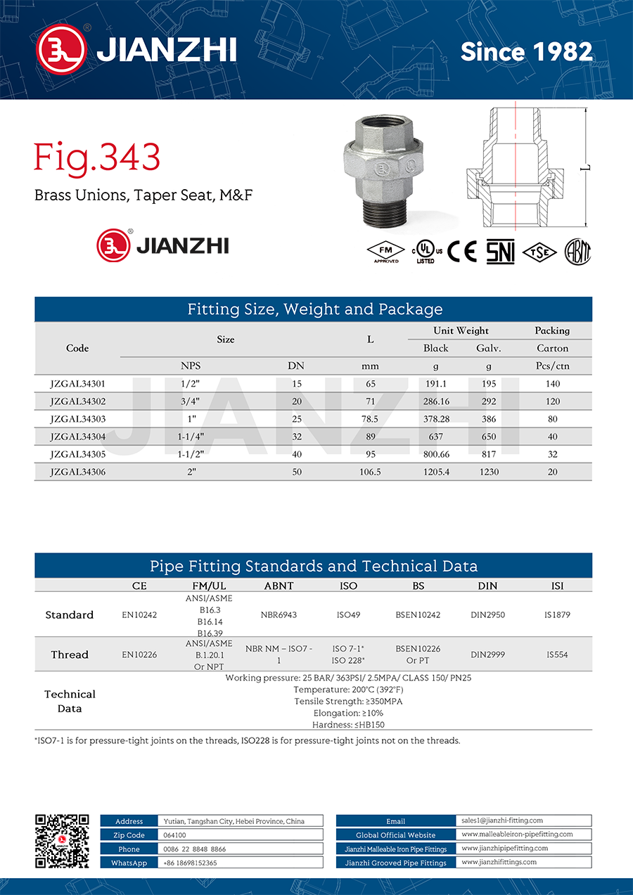 Plumbing Union Fitting Male and Female Brass Taper Seat Fig. 343