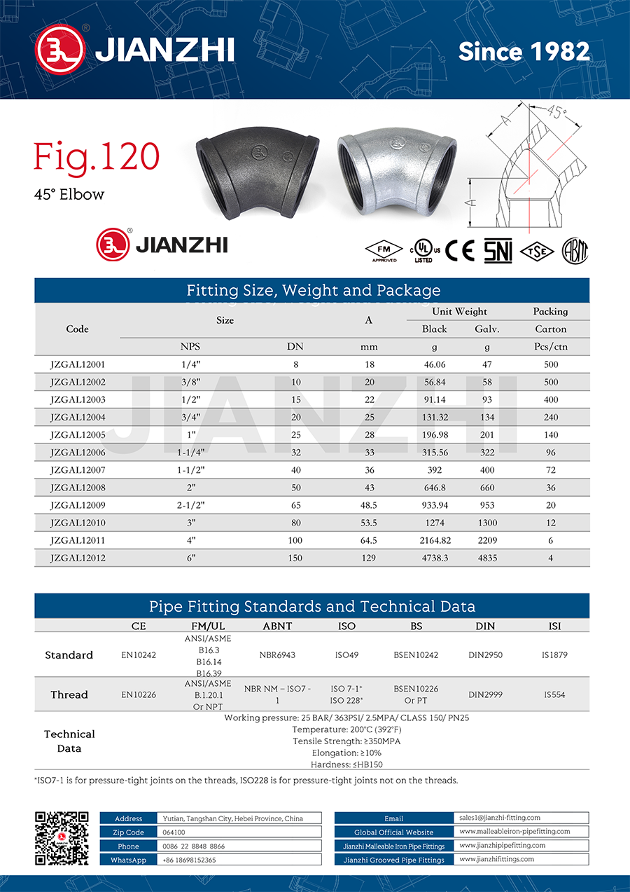 45 Degree Black Iron Elbow Fitting Fig. 120